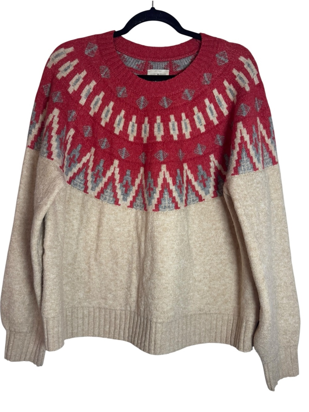 Lucky Brand Red and Cream Nordic Fair Isle Crewneck Large Sweater